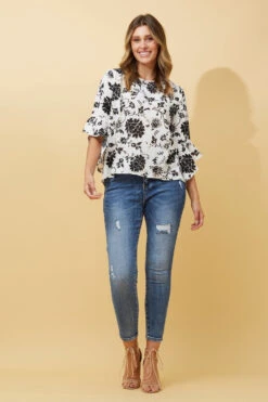 FOREVER NEW FLORAL FLUTE SLEEVE BLOUSE