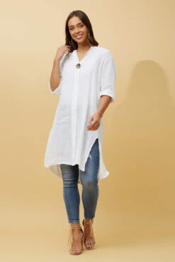 CARMEL SOLID BUTTON DETAIL LINEN TUNIC TOP -Printedcarpetus 0416ce60fb56a5141d0e80ddc47ce4c4