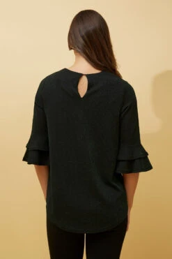 TAZIM DOUBLE FRILL SLEEVE RIBBED GLITTER TOP -Printedcarpetus 074b23a3c241aec28727a83acd895f13