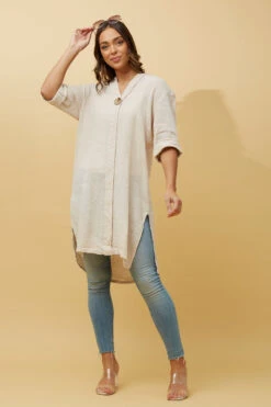CARMEL SOLID BUTTON DETAIL LINEN TUNIC TOP