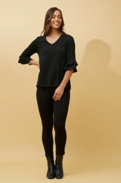 TAZIM DOUBLE FRILL SLEEVE RIBBED GLITTER TOP -Printedcarpetus 368e388765864849e4f83c674d30bf0e