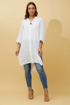 CARMEL SOLID BUTTON DETAIL LINEN TUNIC TOP -Printedcarpetus 44165902605e425b7b97bd0832c4a187