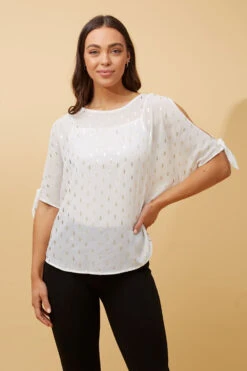 COLD SHOULDER FOIL PRINT BLOUSE -Printedcarpetus 4c4e2f2c9ee6449beb7b8dac72c52ef3