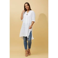 CARMEL SOLID BUTTON DETAIL LINEN TUNIC TOP -Printedcarpetus 620ca3532bc403e36ef034a8b8736fff