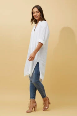 CARMEL SOLID BUTTON DETAIL LINEN TUNIC TOP -Printedcarpetus 6b7303f7edf0ee68e0387d14f96a8c73