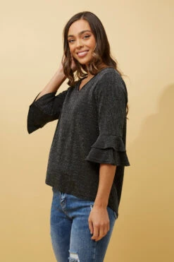 TAZIM DOUBLE FRILL SLEEVE RIBBED GLITTER TOP -Printedcarpetus 81f237818e84050883ad7e5aba2b84f9