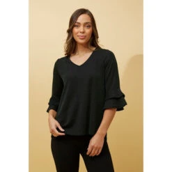 TAZIM DOUBLE FRILL SLEEVE RIBBED GLITTER TOP -Printedcarpetus 99fbe01c4e01bf8f42405c878556b52d