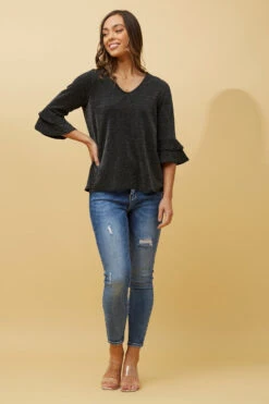 TAZIM DOUBLE FRILL SLEEVE RIBBED GLITTER TOP -Printedcarpetus 9e12512debe4ace12af5f552e1a0970f