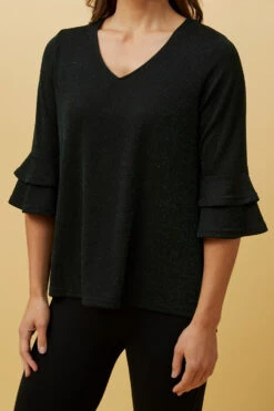 TAZIM DOUBLE FRILL SLEEVE RIBBED GLITTER TOP -Printedcarpetus a41fe98fb61d85e95789ce2f55dd786f