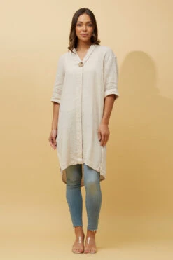 CARMEL SOLID BUTTON DETAIL LINEN TUNIC TOP -Printedcarpetus acc71762674980d9222d85d8bfef5df6