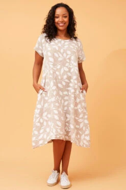 BATISTA LEAF PRINT LINEN DRESS -Printedcarpetus aed1542b8eebbb84bfdb7b16a966959e