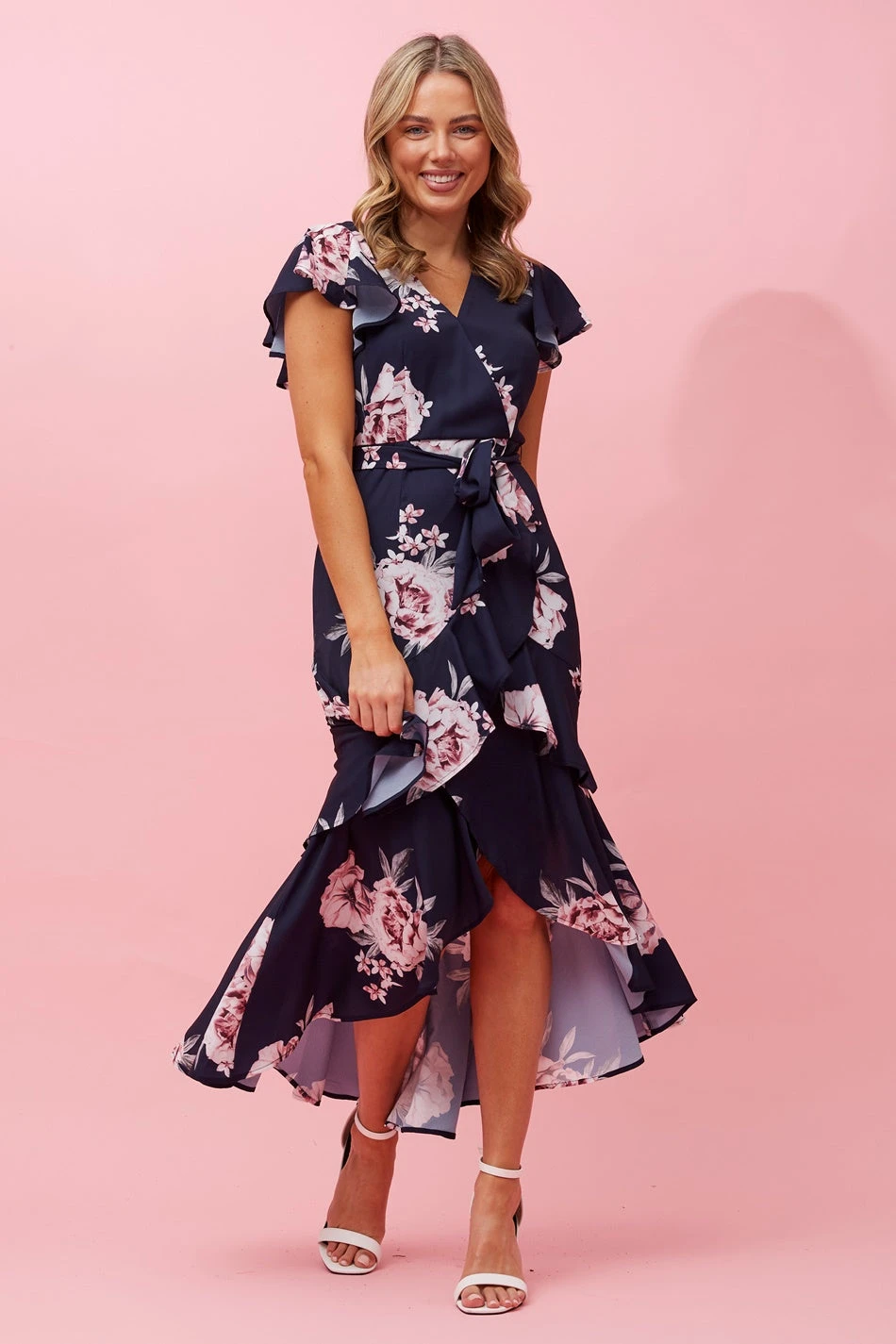 DENVER FLORAL RUFFLE HEM HI LOW DRESS 3 DENVER FLORAL RUFFLE HEM HI LOW DRESS