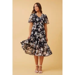 MARSHA FLORAL SHIRRED MIDI DRESS -Printedcarpetus c29ae935f45fe5bda178bdbfc6ab1bfd