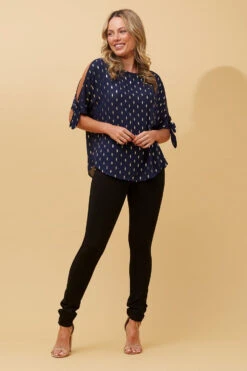 COLD SHOULDER FOIL PRINT BLOUSE -Printedcarpetus e40033c052c7b2ce30d3aed5de5c66ae