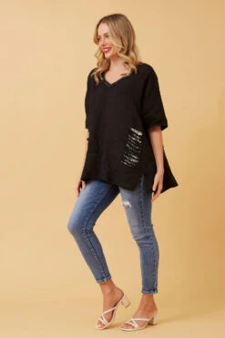 PAM SEQUIN PATCH LINEN TOP -Printedcarpetus ee44354d8ddc213a64b3014b11069e2a