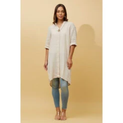 CARMEL SOLID BUTTON DETAIL LINEN TUNIC TOP -Printedcarpetus f4fd7ec7da742bb0609c2622763aca69