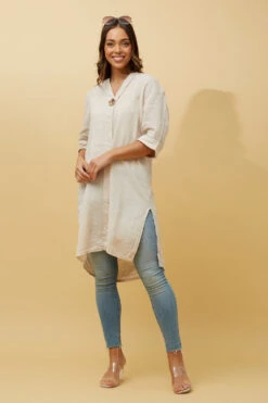 CARMEL SOLID BUTTON DETAIL LINEN TUNIC TOP -Printedcarpetus f8ddfa2f56d3e7f7ffae9483ebef5374